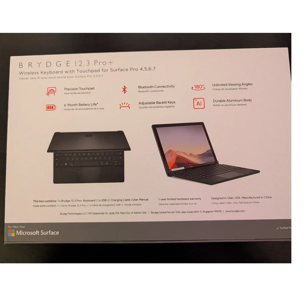 Brydge 12.3 Pro+ Wireless Keyboard Touchpad Microsoft Surface Pro 4 5 6 7 Black